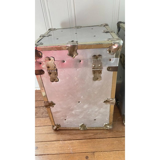 Vintage Campaign Chests Trunks Pair Silver Metal Industrial For Sale - Image 16 of 17