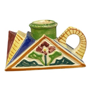 Abstract Japanese Hand-Painted Ceramic Candlestick For Sale