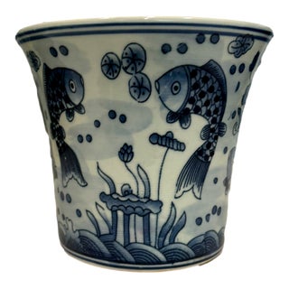 Vintage Blue and White Koi Fish Ceramic Cachepot Planter For Sale