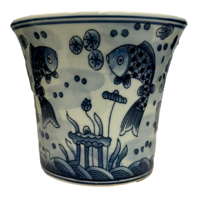 Vintage Blue and White Koi Fish Ceramic Cachepot Planter For Sale