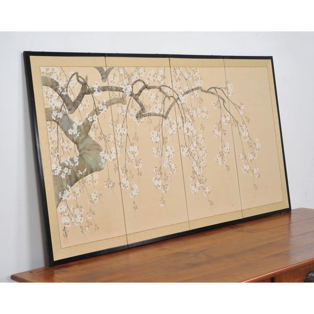 Japanese Japanese Showa Four Panel Screen Flowering Cherry Blossom For Sale - Image 3 of 18