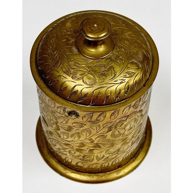 Indian Vintage Brass Indian Etched Floral Lidded Jar For Sale - Image 3 of 7