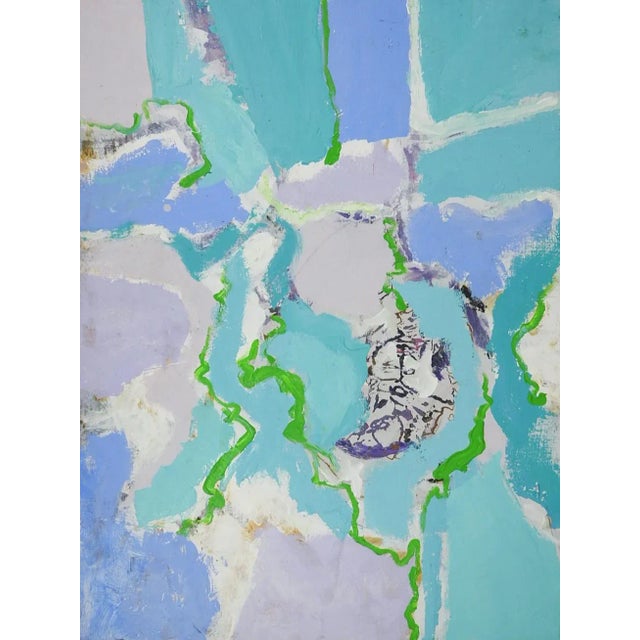 Vintage oil on canvas abstract painting in blues and lavenders. Unsigned. Unframed, scattered spots to surface and edge wear.