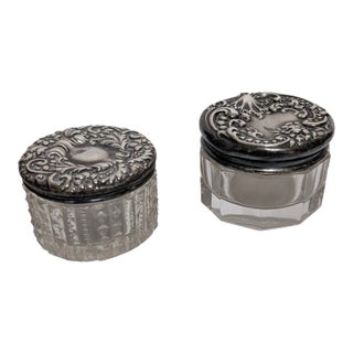 Antique Silver Top Toiletry Creme Jars Unmatched Pair For Sale