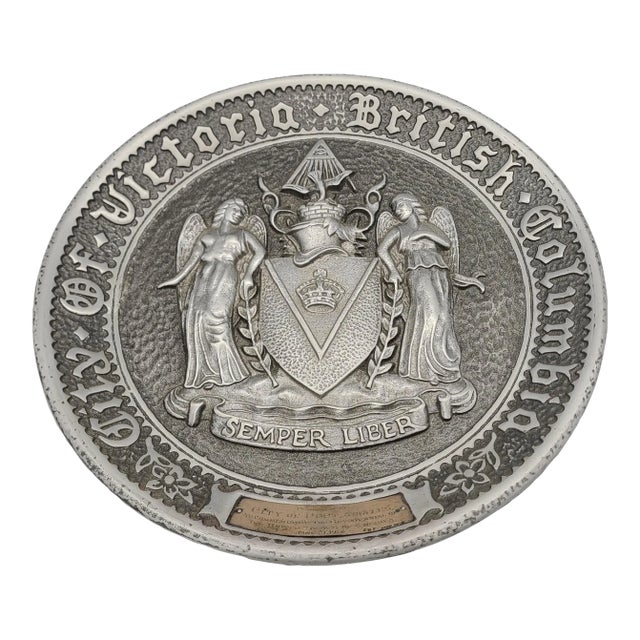 1976 Bicentennial Victoria, B . C . & City of Port Angeles Pewter Plate With Sterling Silver Placard For Sale