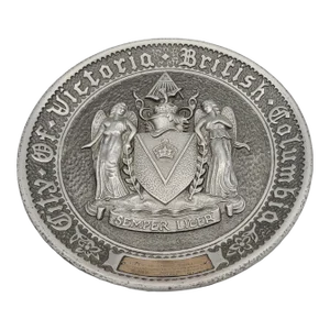 1976 Bicentennial Victoria, B . C . & City of Port Angeles Pewter Plate With Sterling Silver Placard