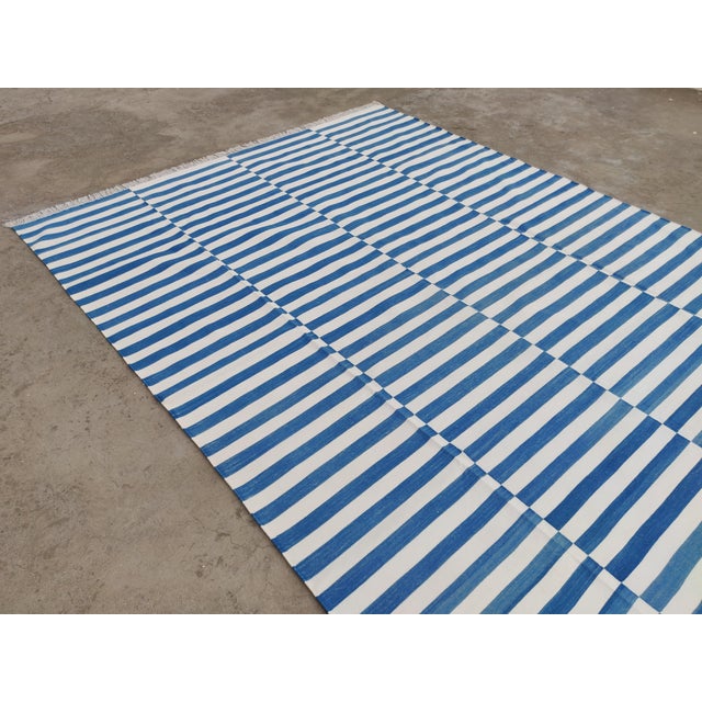 Sky Blue Handmade Cotton Striped Rug, Up Down Stripe Blue and White - 11'x11' For Sale - Image 8 of 10