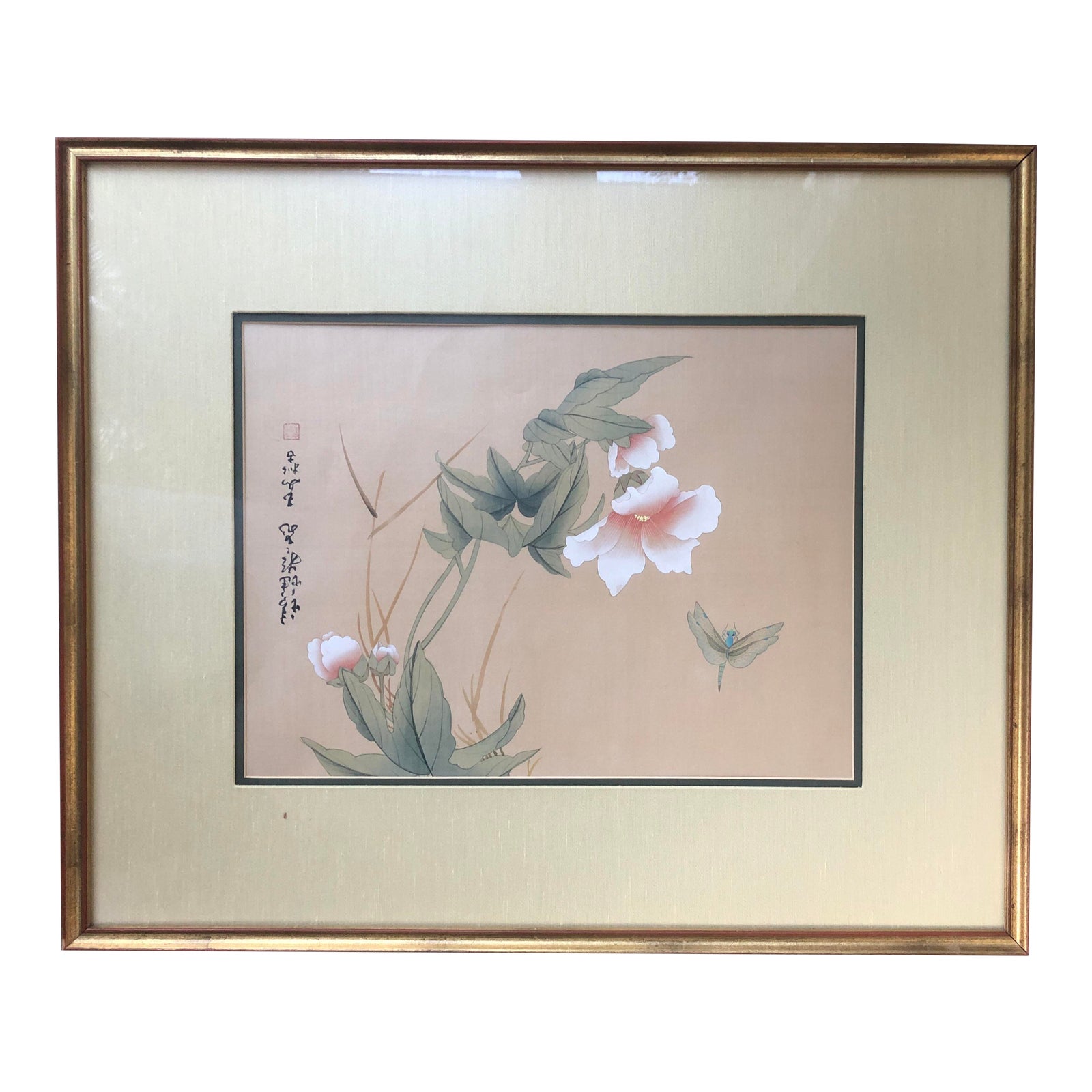 Chinese Dragonfly and Floral Gouache Watercolor on Silk Painting in Gold Frame Chairish
