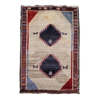 Vintage Persian Gabbeh Tribal Rug, Hand-Knotted Wool, Minimalist Diamond Design, Ivory & Gray, 4x7 For Sale