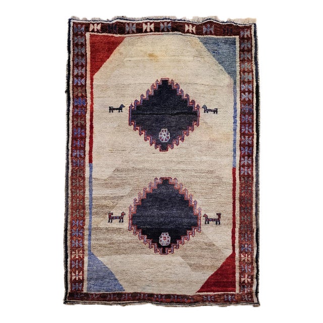 Vintage Persian Gabbeh Tribal Rug, Hand-Knotted Wool, Minimalist Diamond Design, Ivory & Gray, 4x7 For Sale