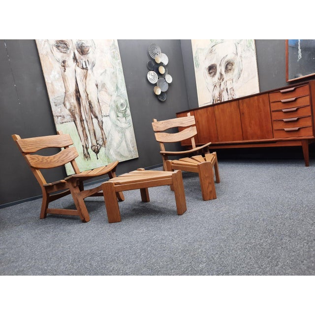 Brutalist Oak Armchairs and Footstools by Awa Holland for Awa Meubelfabriek, 1979, Set of 4 For Sale - Image 4 of 16