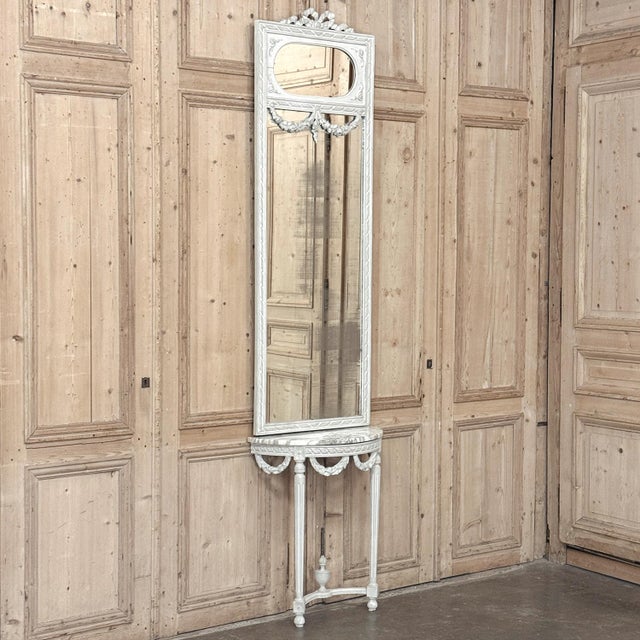 French Antique Italian Louis XVI Painted Marble Top Demilune Console With Trumeau Mirror For Sale - Image 3 of 18