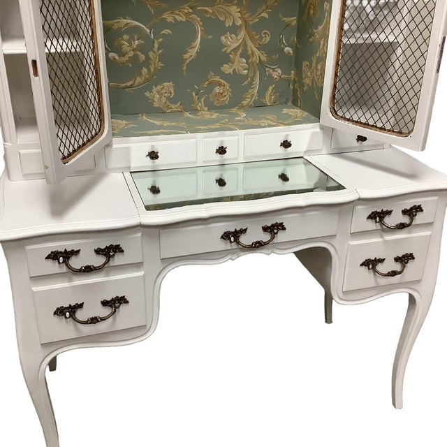 Vintage Vanity or Desk French Country Painted White Wire Doors Mirrored Top Multiple Drawers Wallpapered Interior Top For Sale - Image 4 of 12