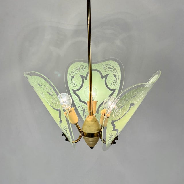 Mid-Century Modern Mid-Century Italian Brass and Green Glass Leaves Pendant Light, 1950s For Sale - Image 3 of 9