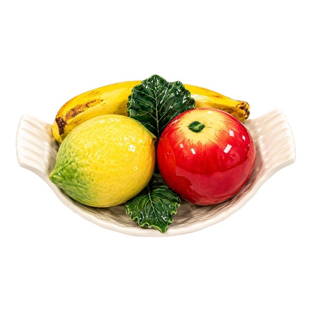 Vintage Genin Trudeau Ceramic Fruit Basket, Hand-Painted Fruit, Made in Portugal For Sale