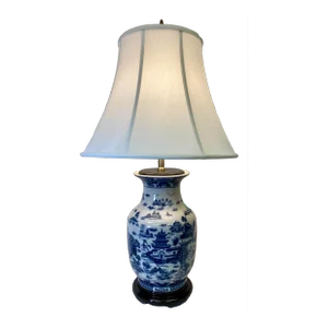 Porcelain Blue Willow Vase Table Lamp on Wooden Base With White Lampshade