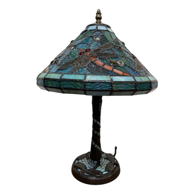 Tiffany Style Blue Mosaic Lamp with Dragonfly Motif For Sale