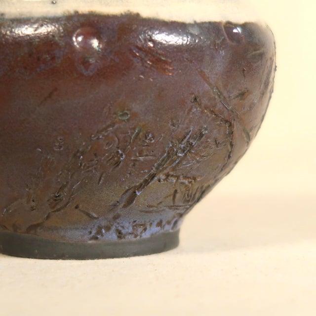 Ceramic Late 20th Century Handmade Textured Raku Studio Pottery Vessel in Iridescent Burnt Sienna Glaze With Plum & Green Reduction Finish For Sale - Image 7 of 13