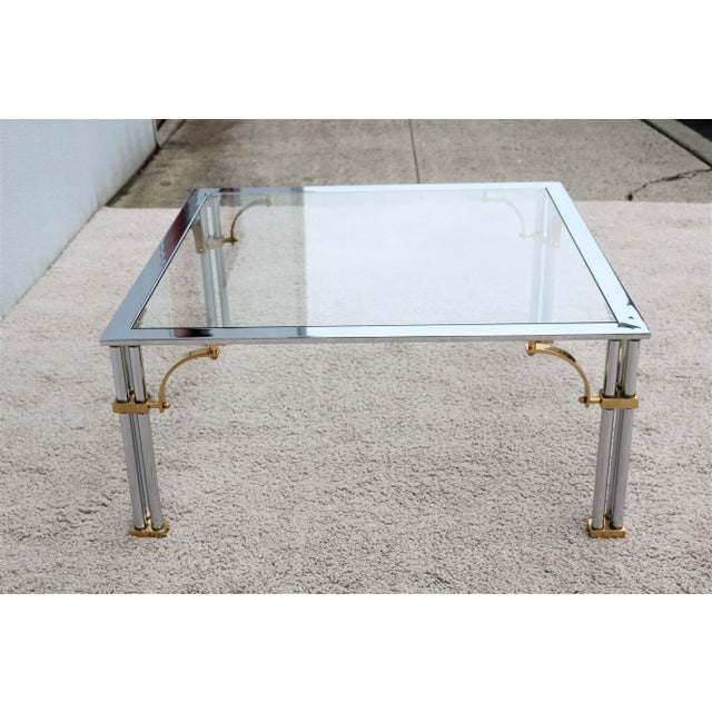 Metal Mid-Century Modern Maison Jansen Style Brass Chrome and Glass Square Coffee Table For Sale - Image 7 of 13