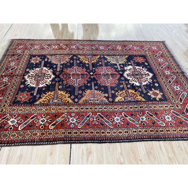 Navy Star Kazak Style Handmade Wool Rug 6x9 For Sale - Image 11 of 14
