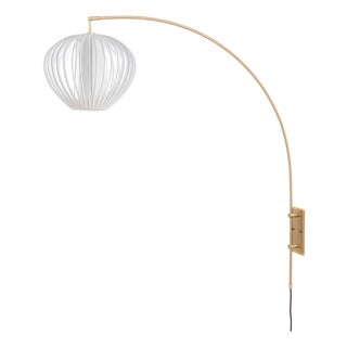 Bloom Wall Arc Lamp - Weathered Brass, Sphere White Satin Shade, Dimmable For Sale