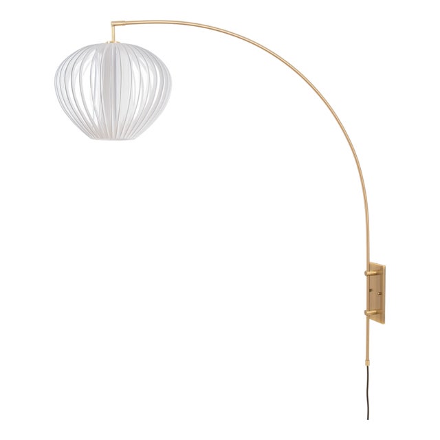 Bloom Wall Arc Lamp - Weathered Brass, Sphere White Satin Shade, Dimmable For Sale