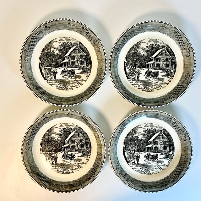 This is a set of four 10” Bowl Plates from Jeannette China. They are in the rare black and white color and feature an...