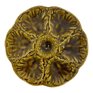 1950s French Gien Majolica Olive Green Oyster Plate For Sale