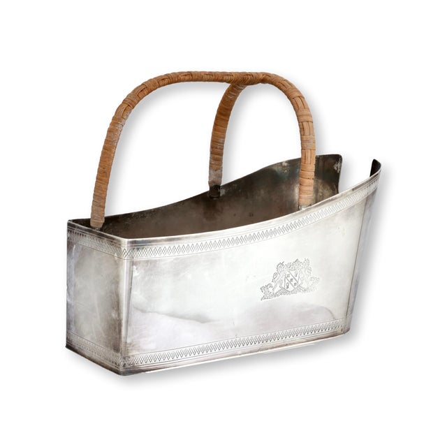 Midcentury Barker Ellis wine caddy, crafted in England with a classic silver-plated finish, engraved armorial crest, and...