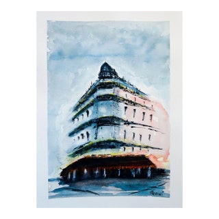 "Rain in Paris" 2022 Architectural Watercolor Painting by Emerging Artist Ben Resini, Signed For Sale