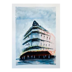 "Rain in Paris" 2022 Architectural Watercolor Painting by Emerging Artist Ben Resini, Signed