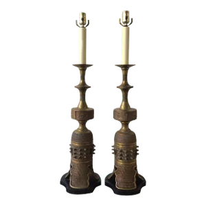 1950s Bronze Asian James Mont Style Lamps - A Pair