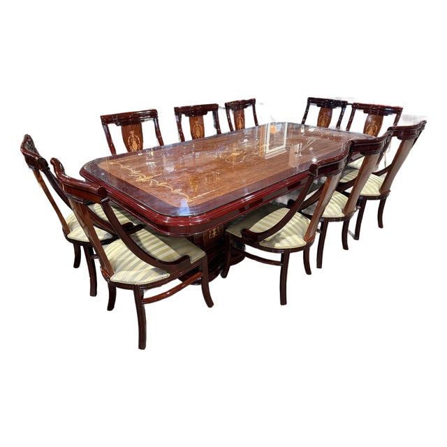 Double Pedestal Italian Inlay Dining Set - 10 Chairs For Sale