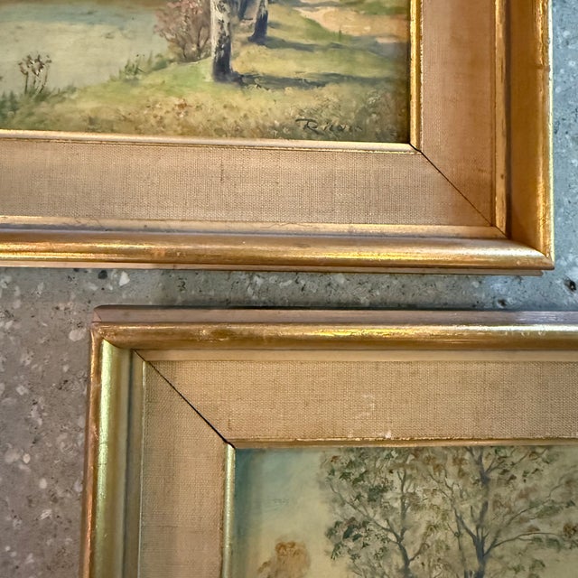 Pair of Petite Mid-Century Birch Trees & River Landscape Paintings For Sale - Image 9 of 10