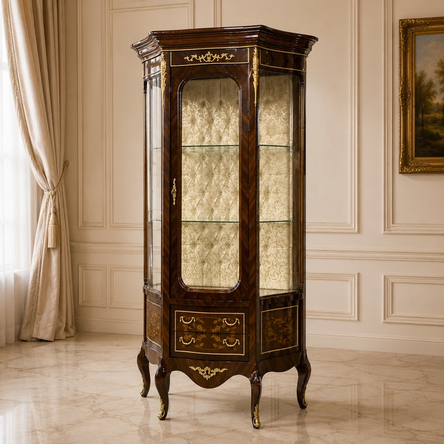Bring timeless French elegance to your interior with this grand Louis XV-style vitrine cabinet, featuring a richly...