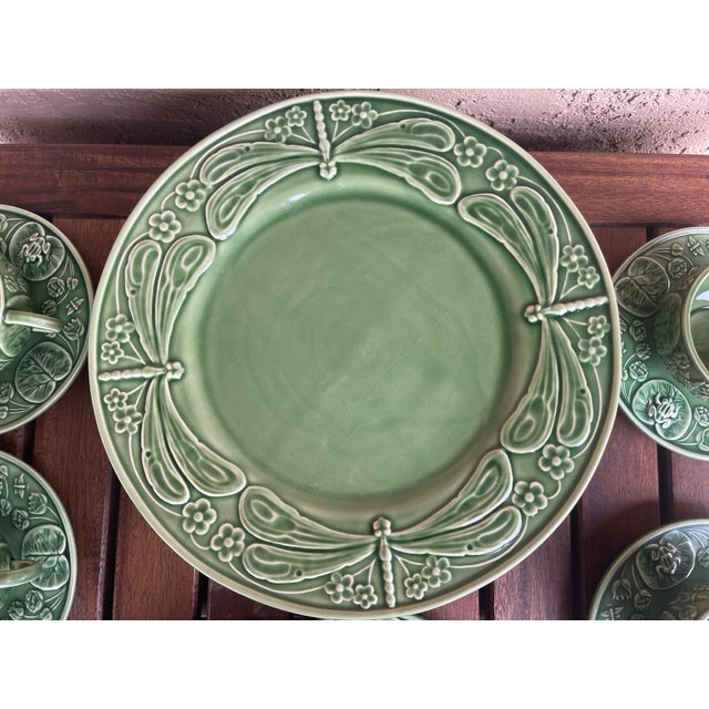1990s 1990s Portugal Bordallo Pinheiro Majolica Sage Green DragonFly Dinnerware - Service for 5 For Sale - Image 5 of 8