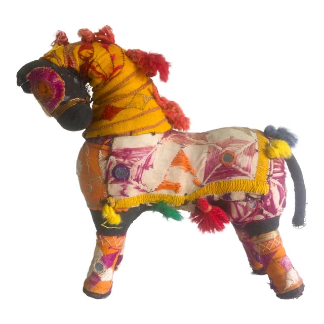 Vintage Mid Century Indian Rajasthan Multicolor Patchwork Fabric Horse Figurine For Sale