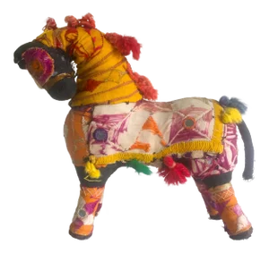 Vintage Mid Century Indian Rajasthan Multicolor Patchwork Fabric Horse Figurine