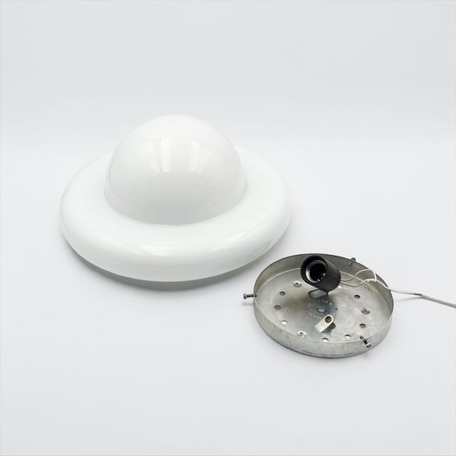 Metal Space Age UFO Ceiling Lamp in White Opaline Glass, Italy, 1970s For Sale - Image 7 of 15