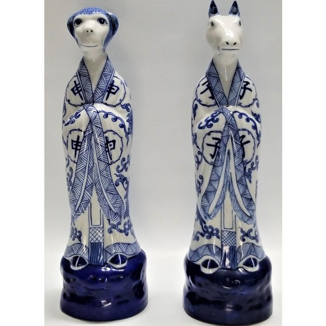 Chinese Zodiac Porcelain Figurines Statues a Pair Chinoiserie Mid