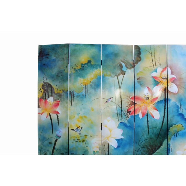 Water Ink Style Blue Lotus Pond Flower Birds Theme Graphic Screen For Sale In San Francisco - Image 6 of 9