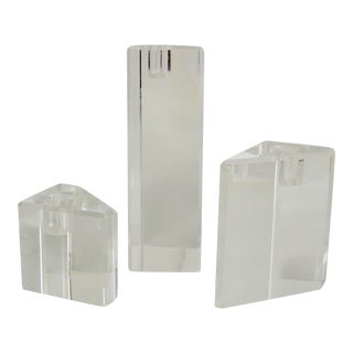 Set of Three 1970s Modernist Geometric Form Lucite Candlesticks For Sale