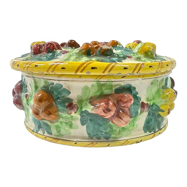 Antique Fruit Motif Lidded Ceramic Jar For Sale