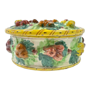 Antique Fruit Motif Lidded Ceramic Jar