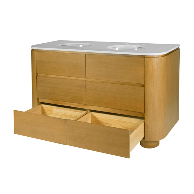 2020s Genoa 60. in. W Rectangular Wood & Quartz 4 Drawer Double Sink Bathroom Vanity, Light Oak For Sale - Image 5 of 11