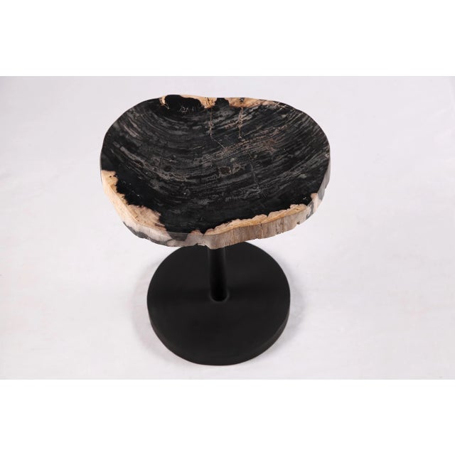 Contemporary Living Edge Petrified Wood Top W Black Metal Stand Accent Table or Side Table 53 For Sale - Image 3 of 5
