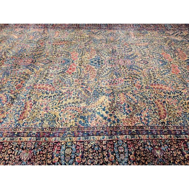 Textile Vintage Oversized Persian Kerman Lavar Rug, Hand-Knotted Wool, Floral Pattern, Ivory & Blue, 11’ X 18’ For Sale - Image 7 of 16