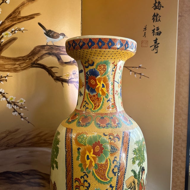 Large Vintage Asian Style Hand Painted Satsuma Orange Vase For Sale - Image 9 of 12
