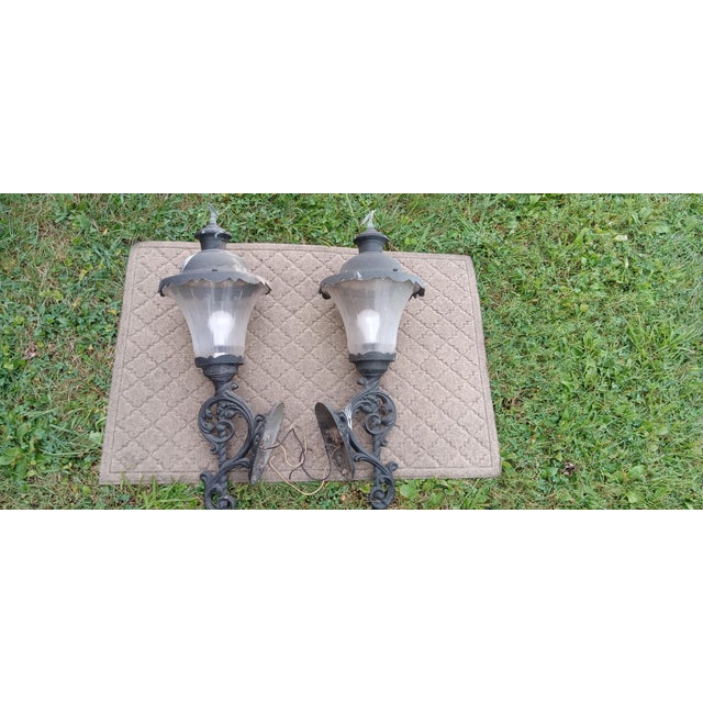 1930s Pair of Vintage Colonial Era Ornate Outdoor Wall Sconces/Lamps For Sale - Image 5 of 11