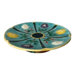 Antique Wedgwood Majolica Pottery Chrysanthemum Turquoise Cake Stand For Sale